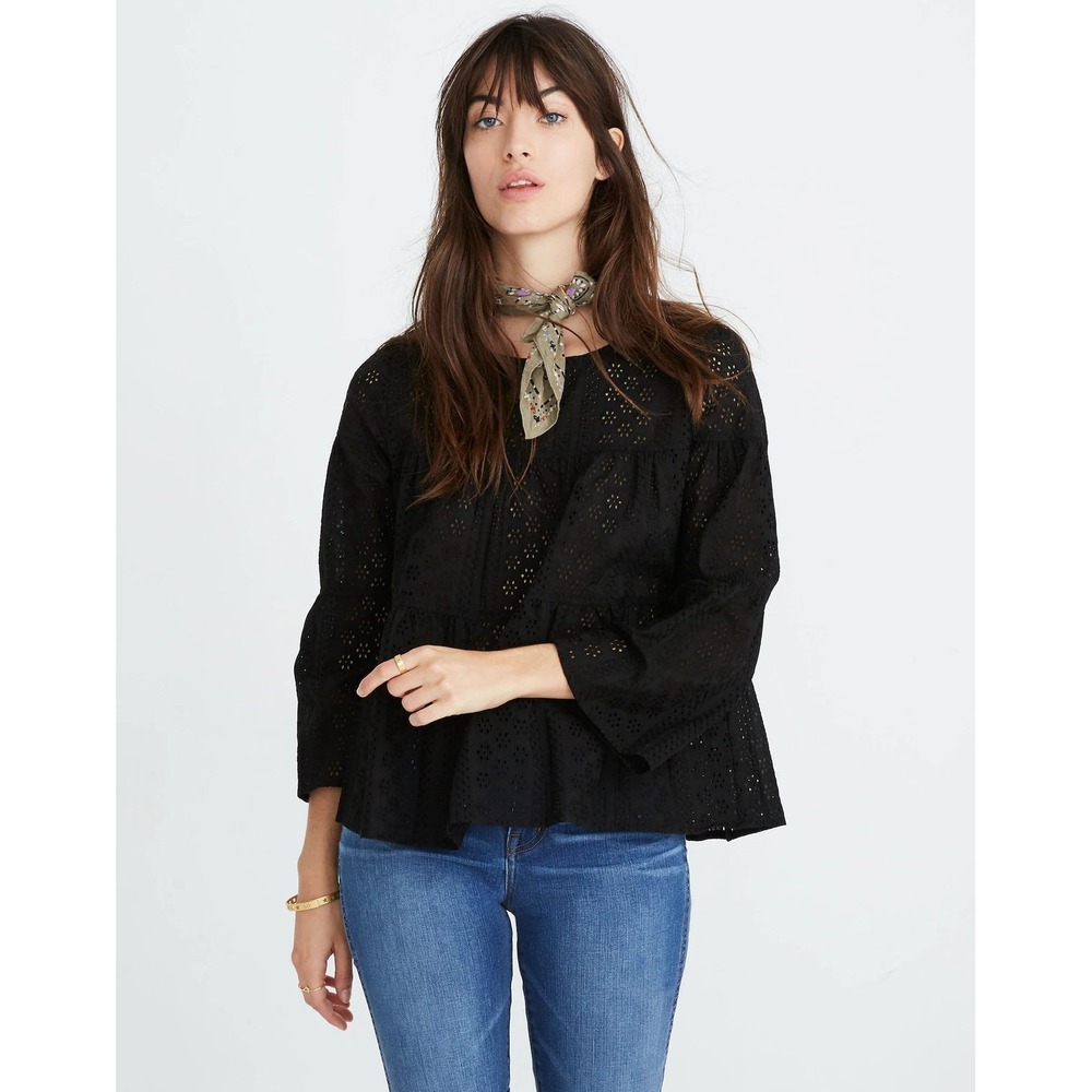 Madewell Eyelet Tiered Blouse Women XS Black Long Sleeve Button Back